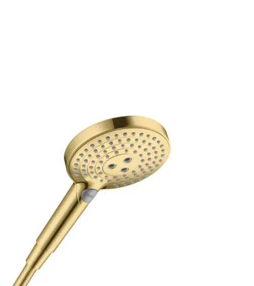 Hansgrohe Handbrause in polierter Goldoptik mit runder Kopfpartie und gleichmäßig verteilten Düsen für den Wasserauslass.